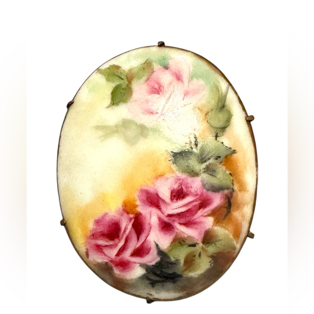 LG Antique Ceramic hand painted Flowers Floral Brooch with Pink Roses